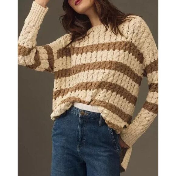 Pilcro x Anthropologie Women Sz M Neutral Oversized Longline Stitch Sweater - Picture 7 of 8